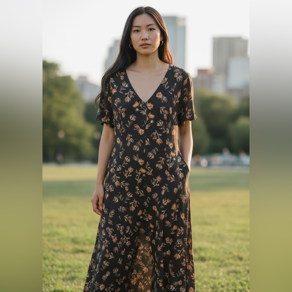 J. Jill Black and Gold Floral Maxi Dress